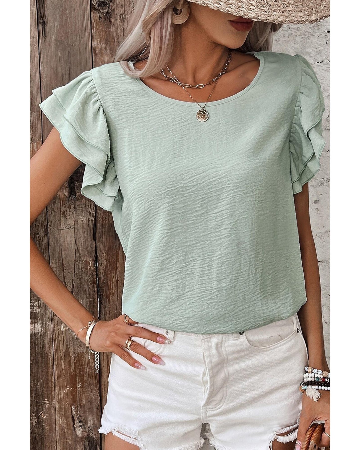 Clearly Aqua Solid Color Ruffled Short Sleeve Casual Blouse - S