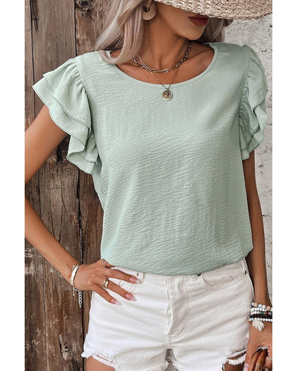 Clearly Aqua Solid Color Ruffled Short Sleeve Casual Blouse - S