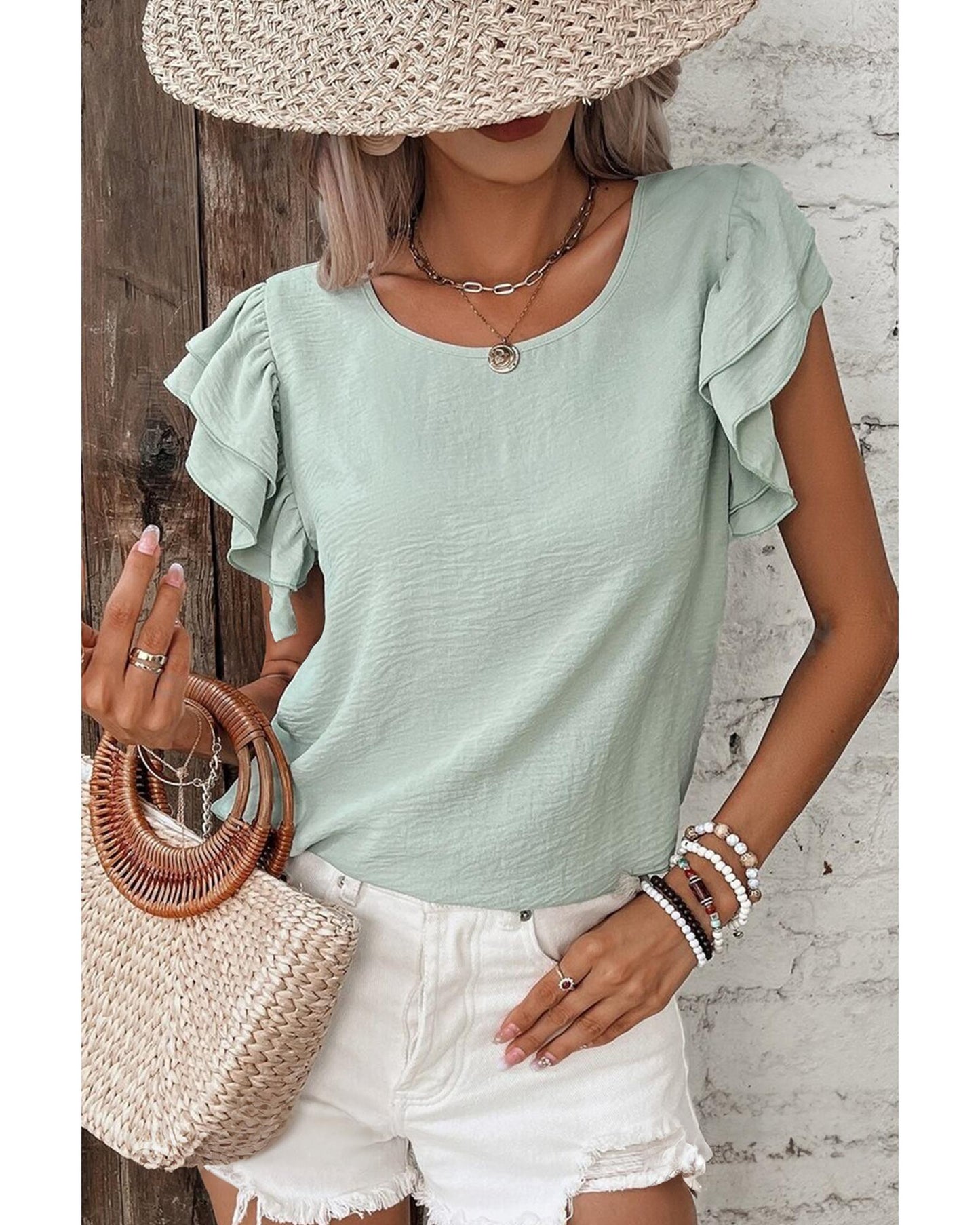 Clearly Aqua Solid Color Ruffled Short Sleeve Casual Blouse - S