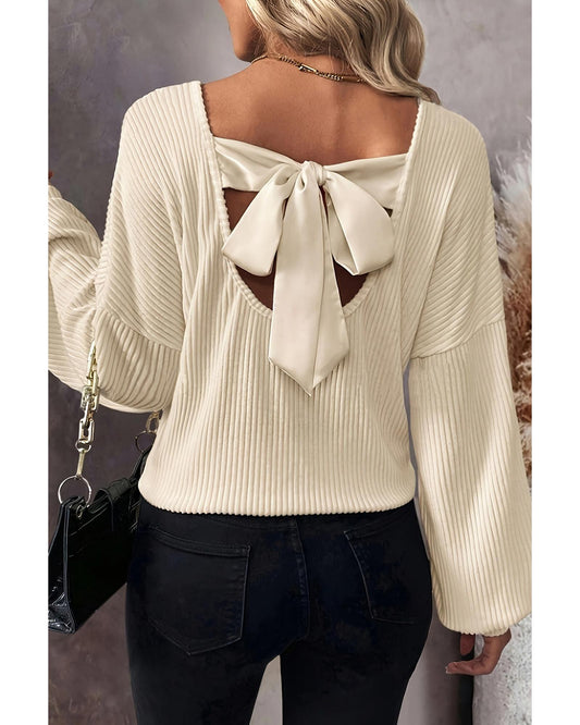 White Knot Back Drop Shoulder Ribbed Long Sleeve Blouse - M