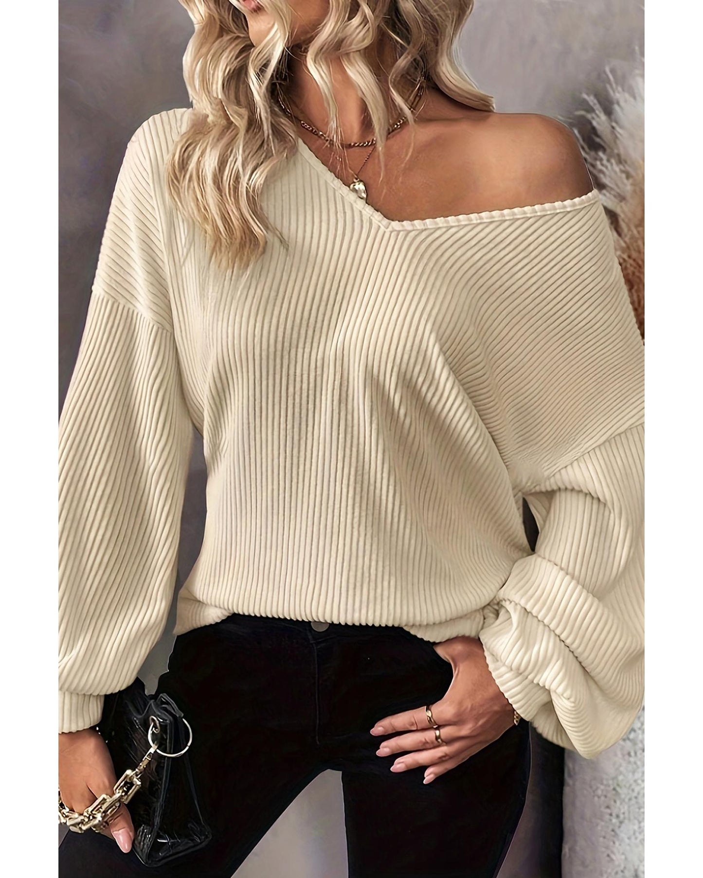 White Knot Back Drop Shoulder Ribbed Long Sleeve Blouse - M