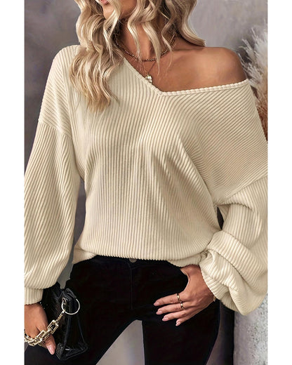 White Knot Back Drop Shoulder Ribbed Long Sleeve Blouse - M