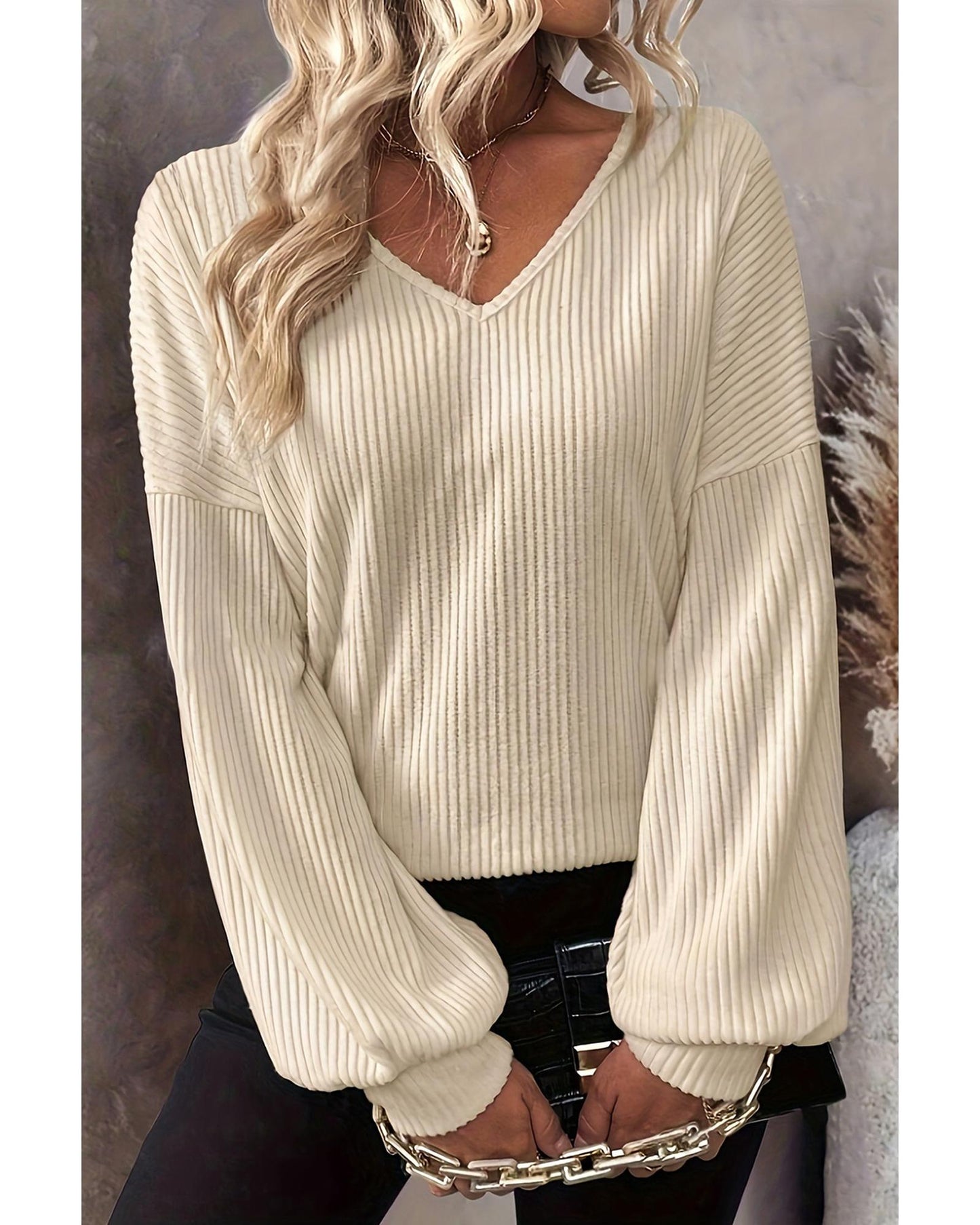 White Knot Back Drop Shoulder Ribbed Long Sleeve Blouse - M