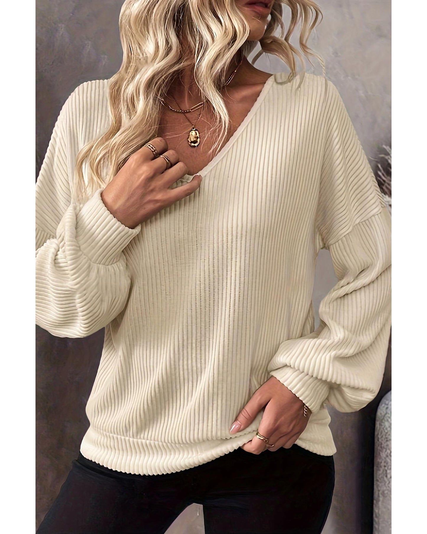 White Knot Back Drop Shoulder Ribbed Long Sleeve Blouse - M