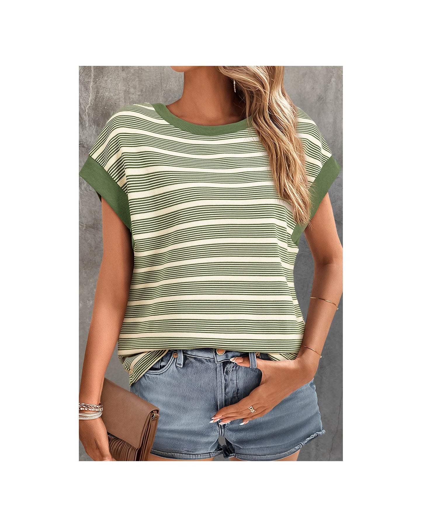 Green Stripe Contrast Edge Short Batwing Sleeve T Shirt - L