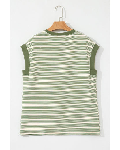 Green Stripe Contrast Edge Short Batwing Sleeve T Shirt - L