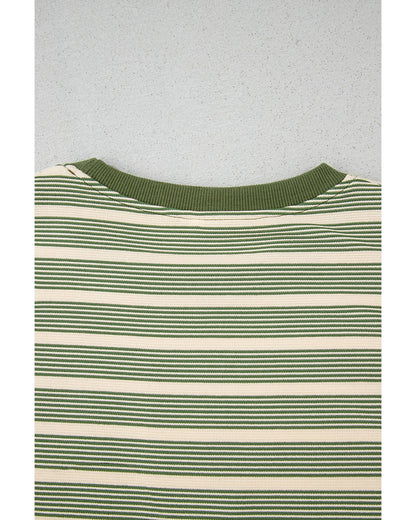 Green Stripe Contrast Edge Short Batwing Sleeve T Shirt - L