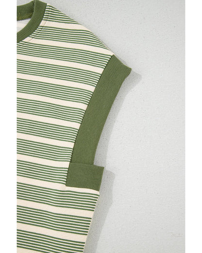 Green Stripe Contrast Edge Short Batwing Sleeve T Shirt - L