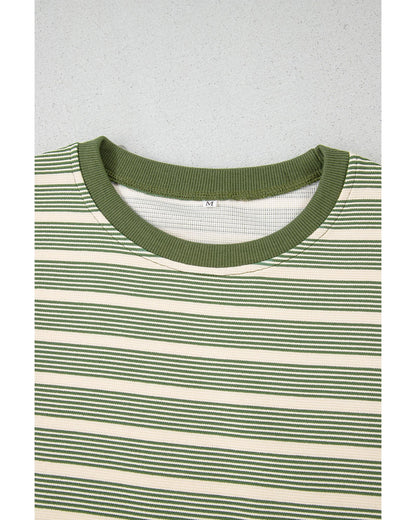 Green Stripe Contrast Edge Short Batwing Sleeve T Shirt - L