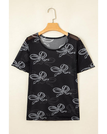 Black Bow Printed Mesh Short Sleeve Top - S