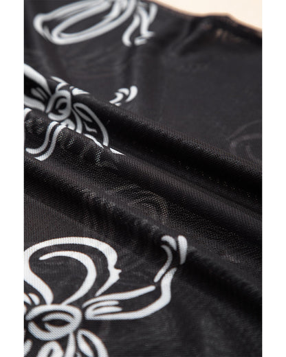Black Bow Printed Mesh Short Sleeve Top - S