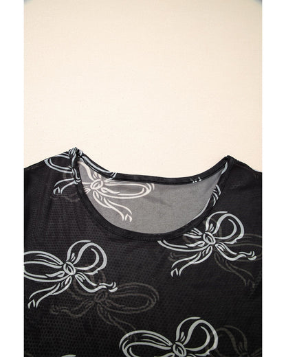 Black Bow Printed Mesh Short Sleeve Top - S