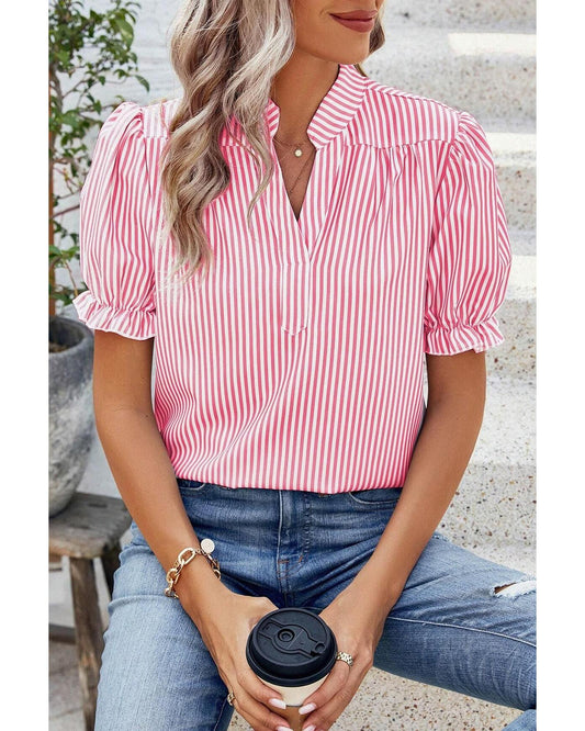 Pink Stripe Notched Neck Frilled Short Puff Sleeve Blouse - L