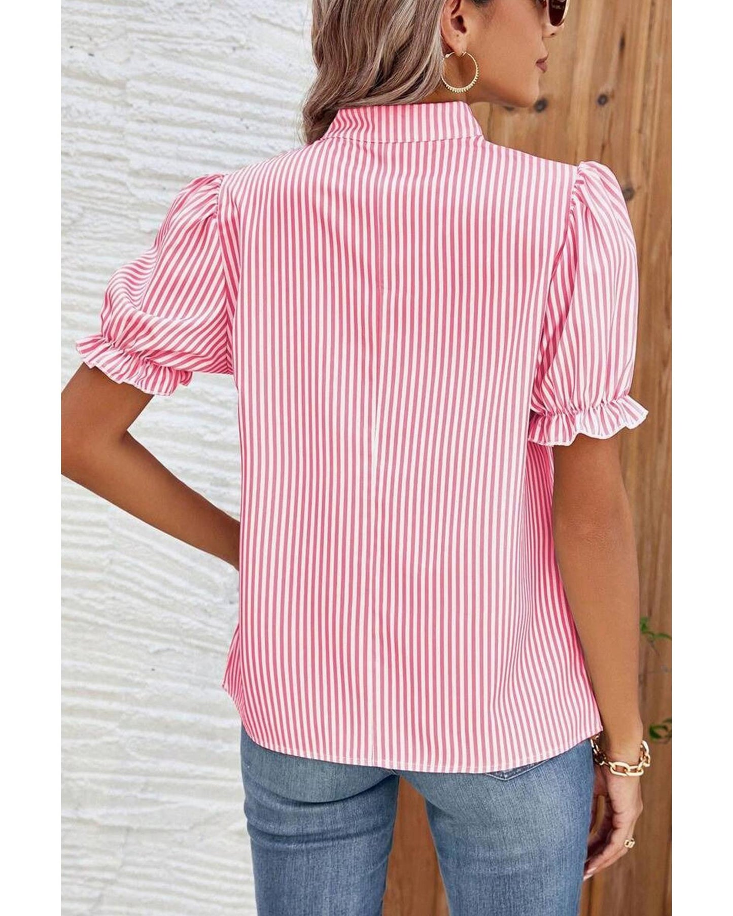 Pink Stripe Notched Neck Frilled Short Puff Sleeve Blouse - L