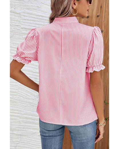 Pink Stripe Notched Neck Frilled Short Puff Sleeve Blouse - L