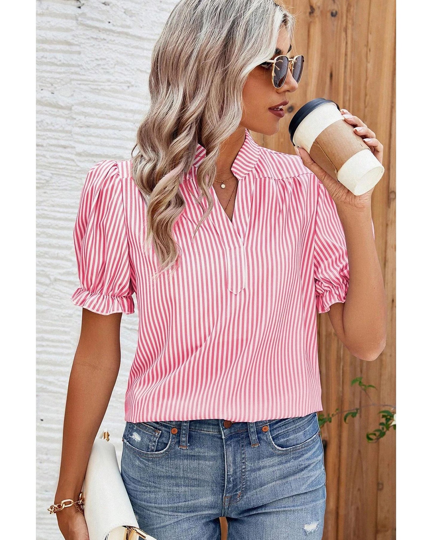Pink Stripe Notched Neck Frilled Short Puff Sleeve Blouse - L
