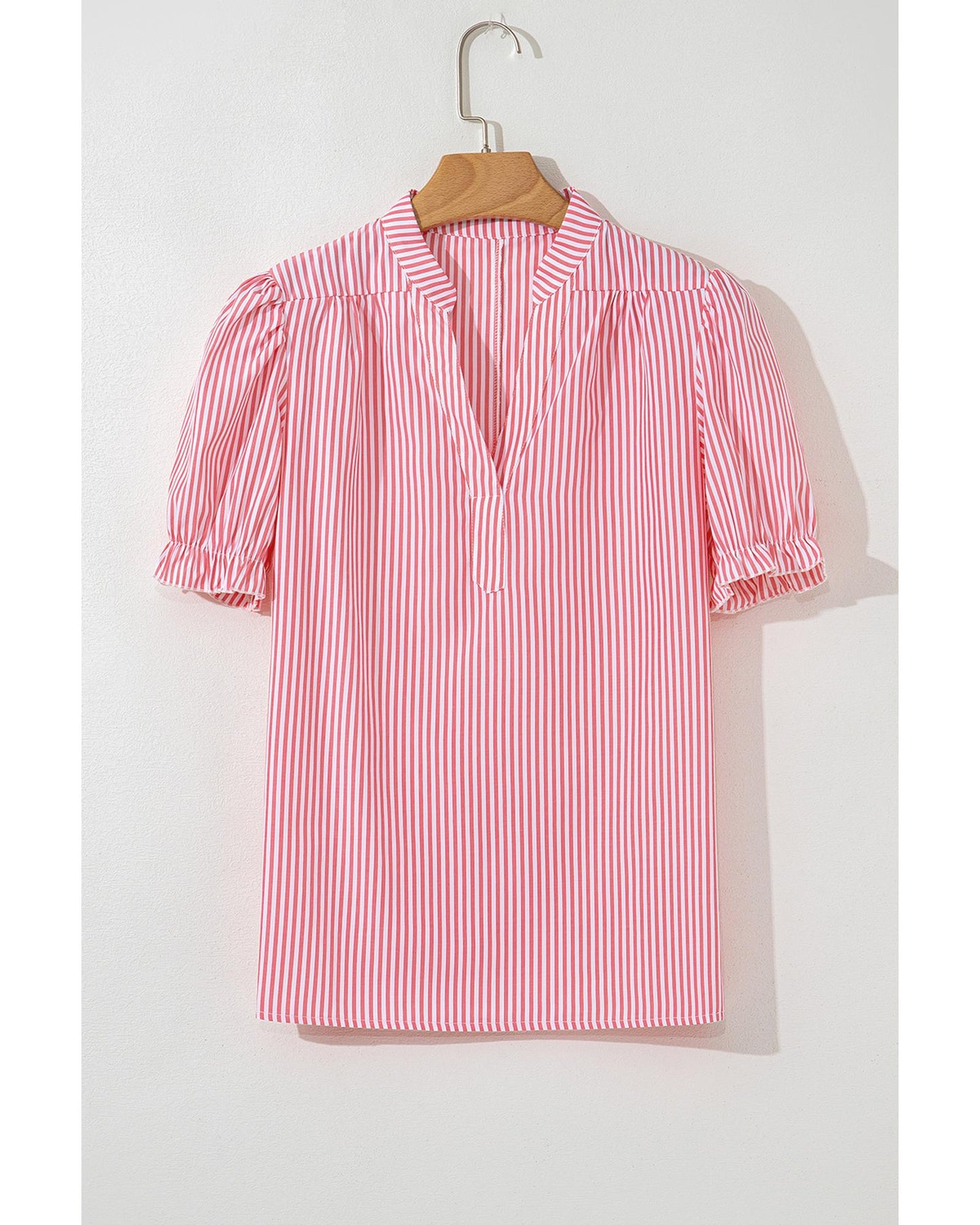 Pink Stripe Notched Neck Frilled Short Puff Sleeve Blouse - L