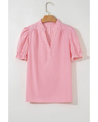 Pink Stripe Notched Neck Frilled Short Puff Sleeve Blouse - L