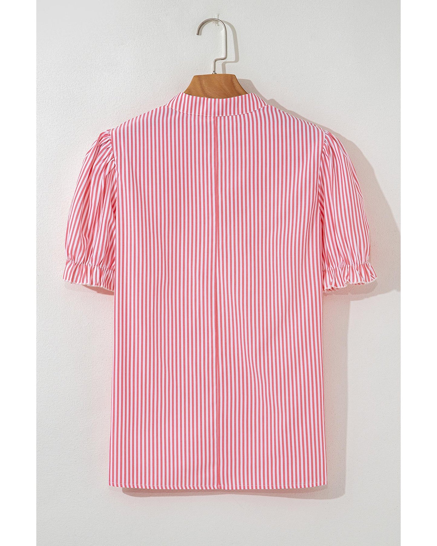 Pink Stripe Notched Neck Frilled Short Puff Sleeve Blouse - L