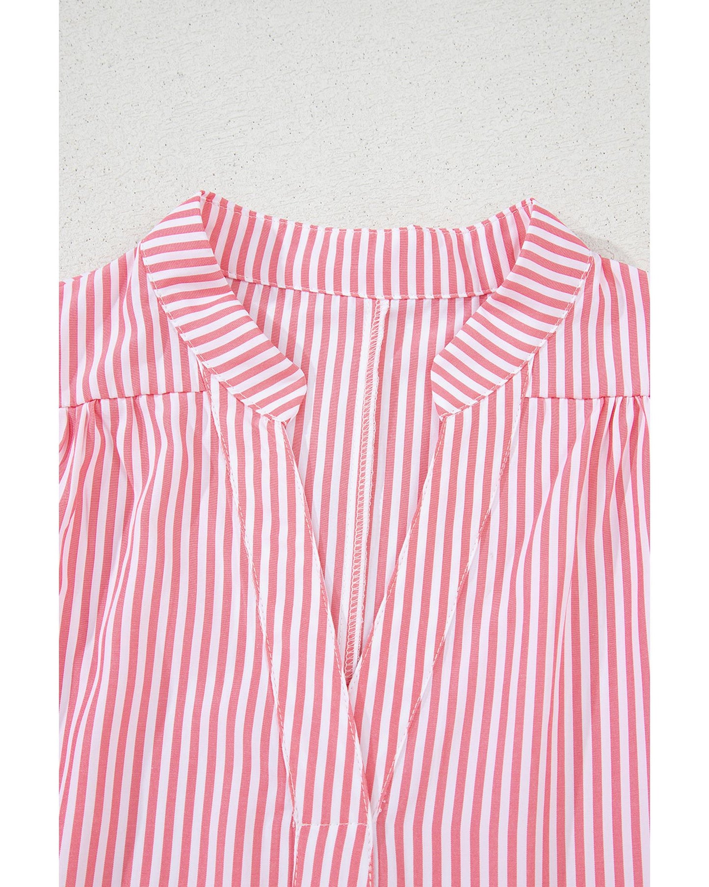 Pink Stripe Notched Neck Frilled Short Puff Sleeve Blouse - L