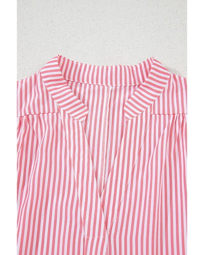 Pink Stripe Notched Neck Frilled Short Puff Sleeve Blouse - L