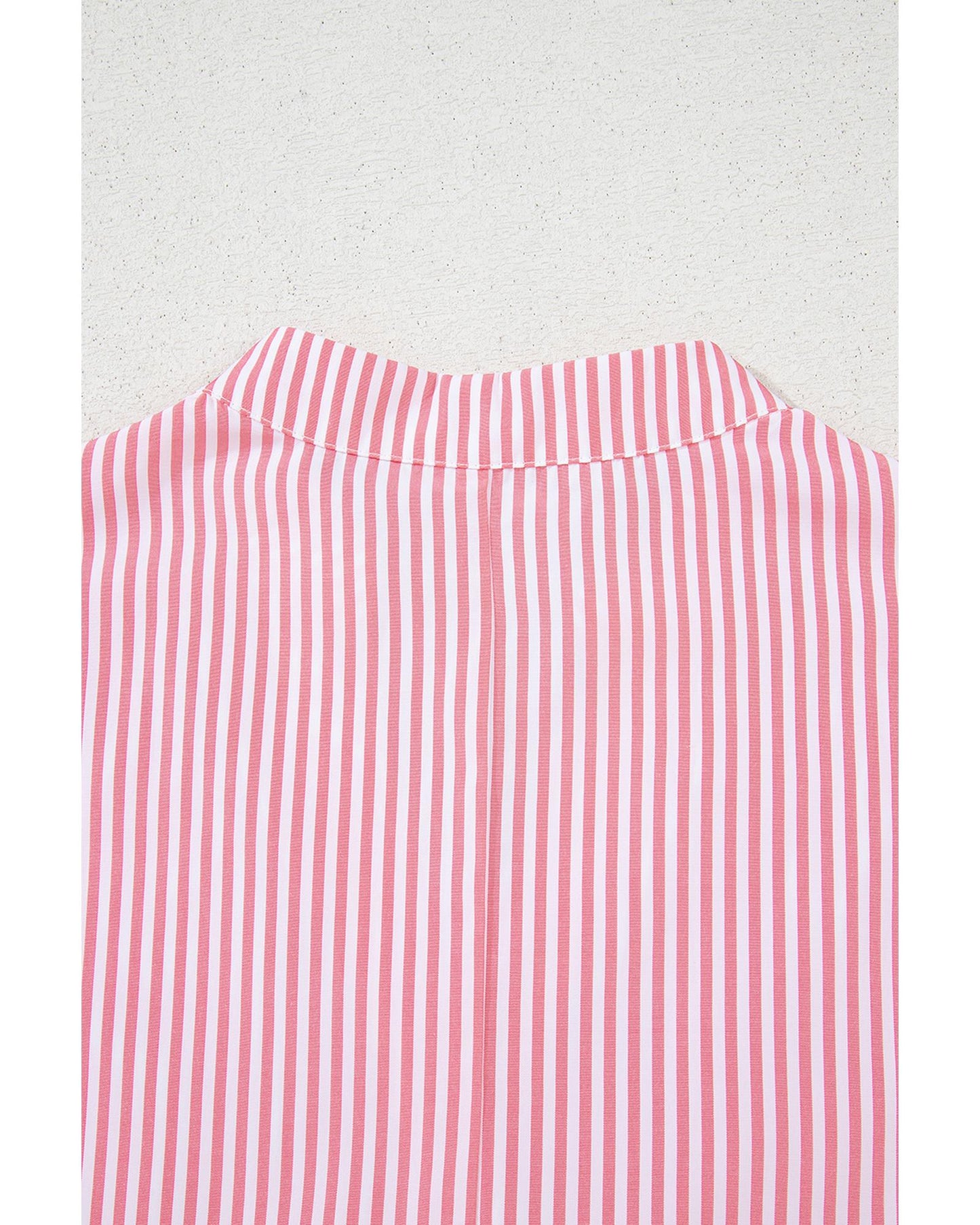 Pink Stripe Notched Neck Frilled Short Puff Sleeve Blouse - L