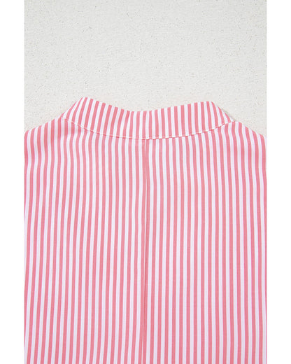 Pink Stripe Notched Neck Frilled Short Puff Sleeve Blouse - L