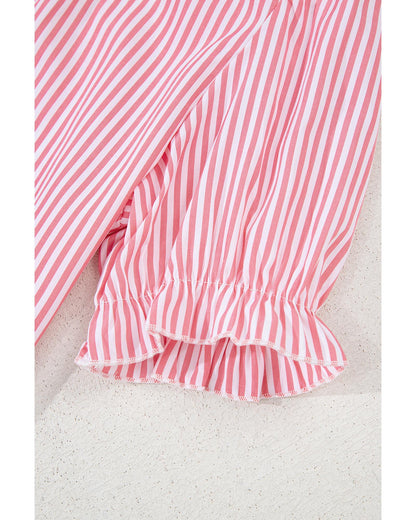Pink Stripe Notched Neck Frilled Short Puff Sleeve Blouse - L