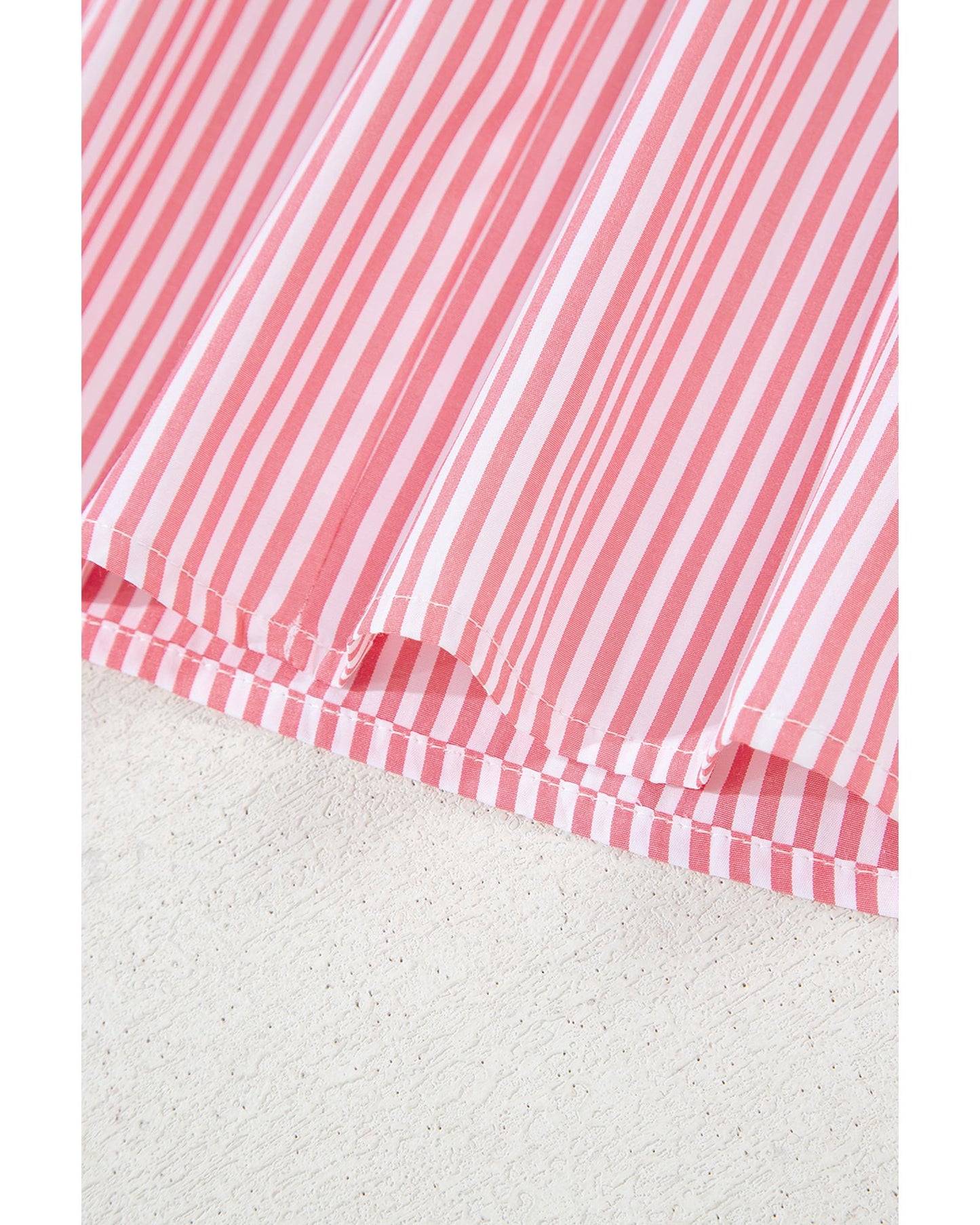 Pink Stripe Notched Neck Frilled Short Puff Sleeve Blouse - L