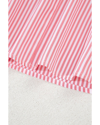 Pink Stripe Notched Neck Frilled Short Puff Sleeve Blouse - L