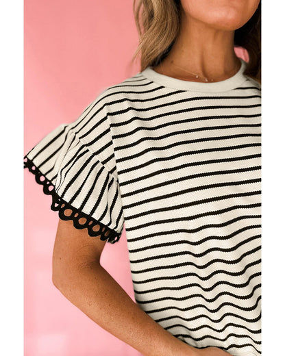 Black Stripe Scallop Lace Trim Ruffle Short Sleeves Crewneck Top - M