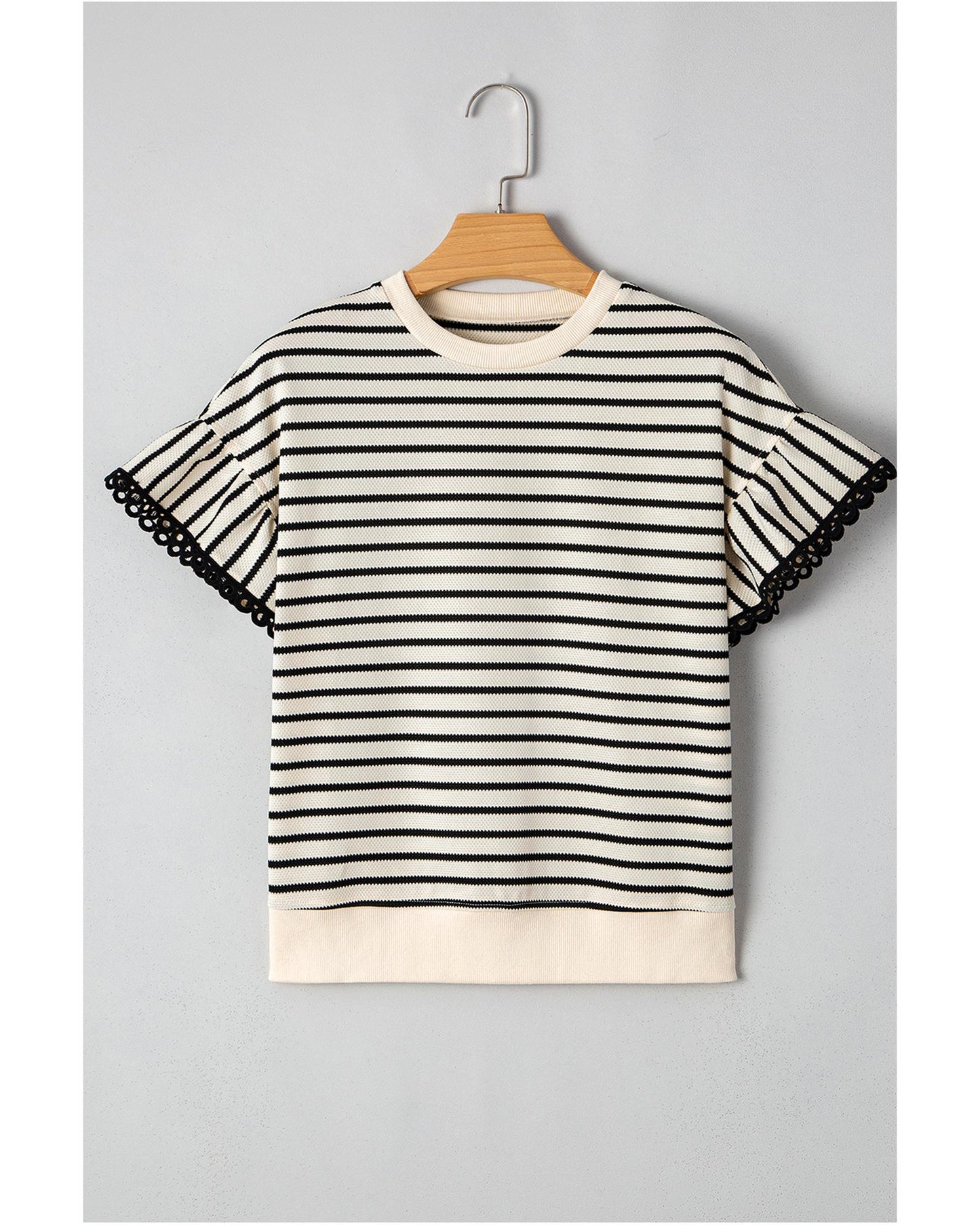Black Stripe Scallop Lace Trim Ruffle Short Sleeves Crewneck Top - M