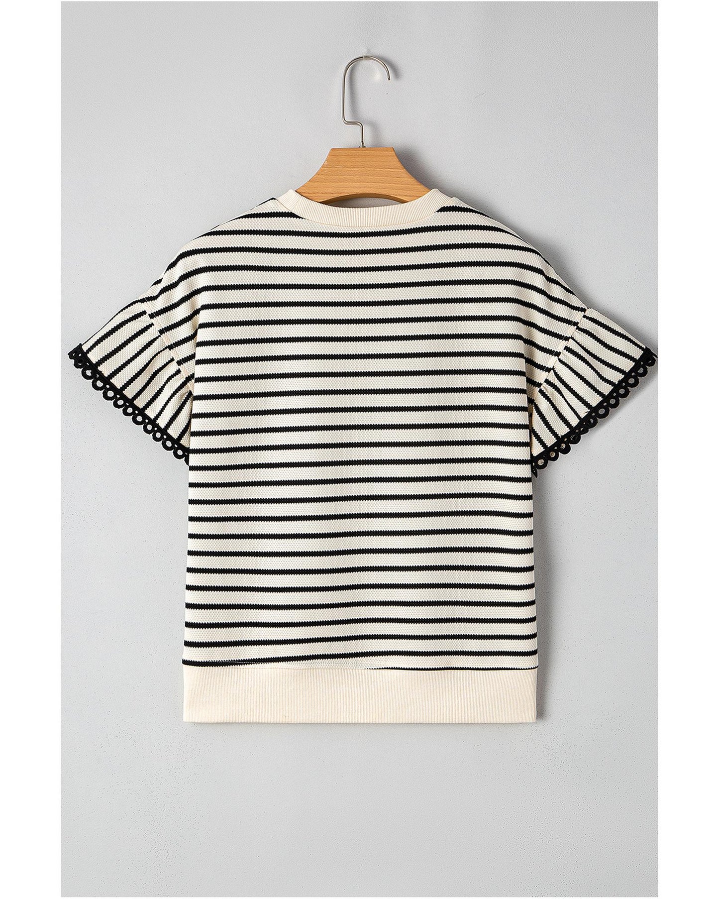 Black Stripe Scallop Lace Trim Ruffle Short Sleeves Crewneck Top - M