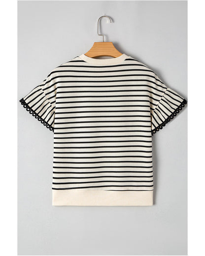 Black Stripe Scallop Lace Trim Ruffle Short Sleeves Crewneck Top - M