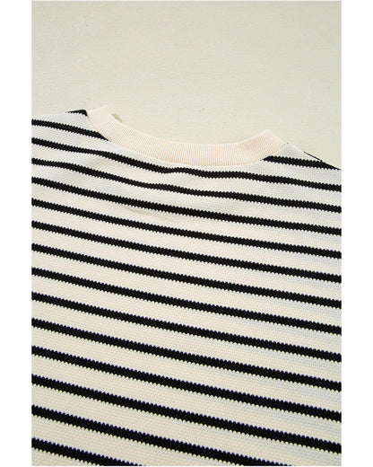 Black Stripe Scallop Lace Trim Ruffle Short Sleeves Crewneck Top - M