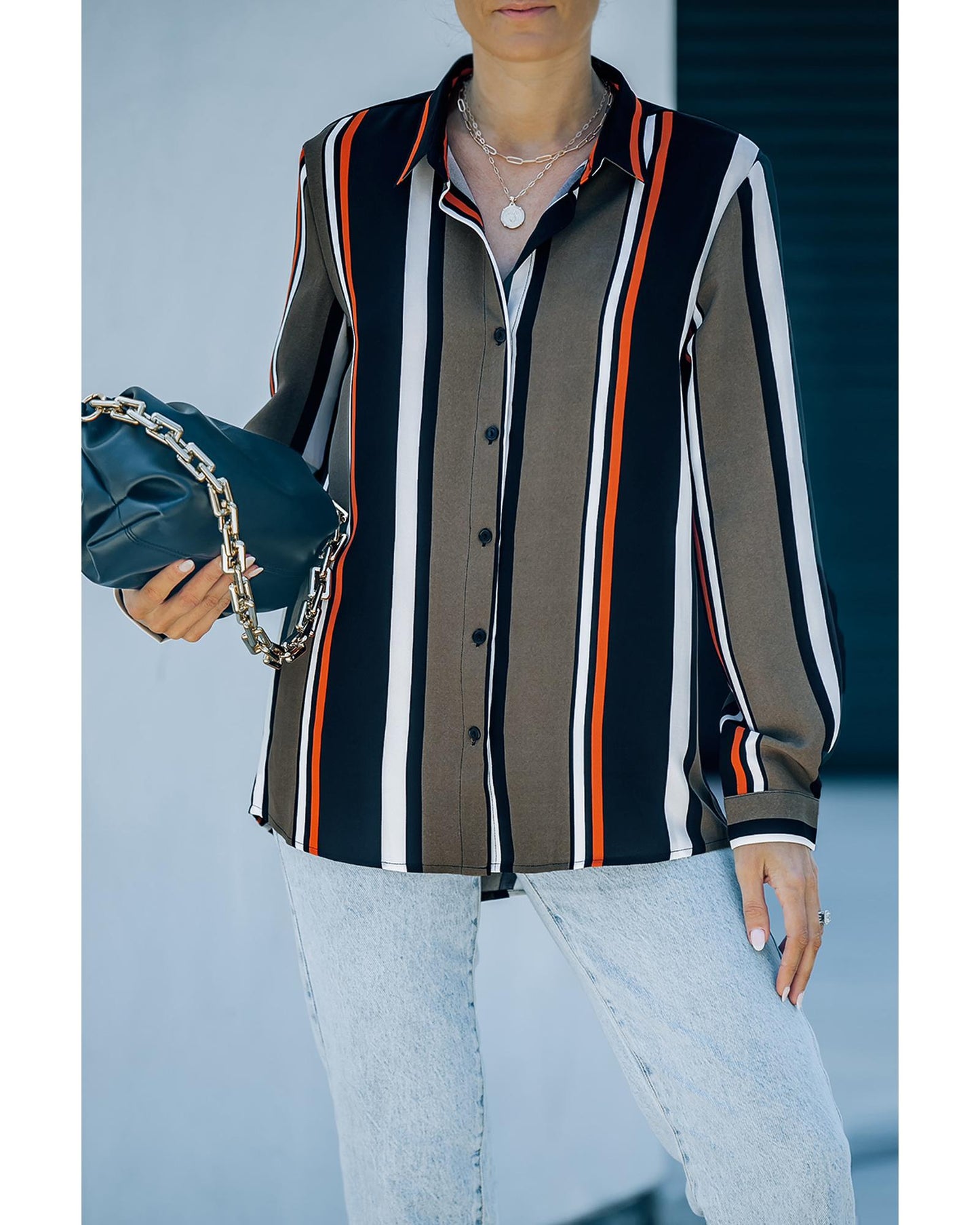 Black Brown Striped Modern Women Shirt - S