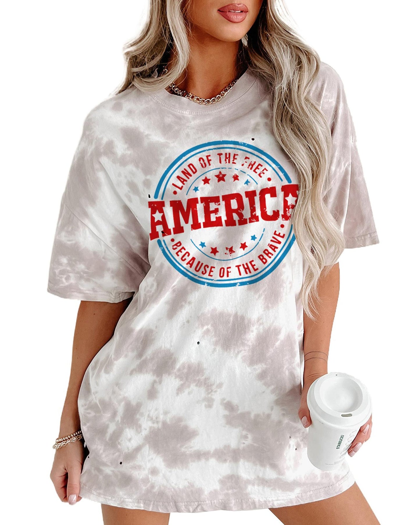 White Oversized Tie-dye AMERICA Graphic T-shirt with Distressing - S