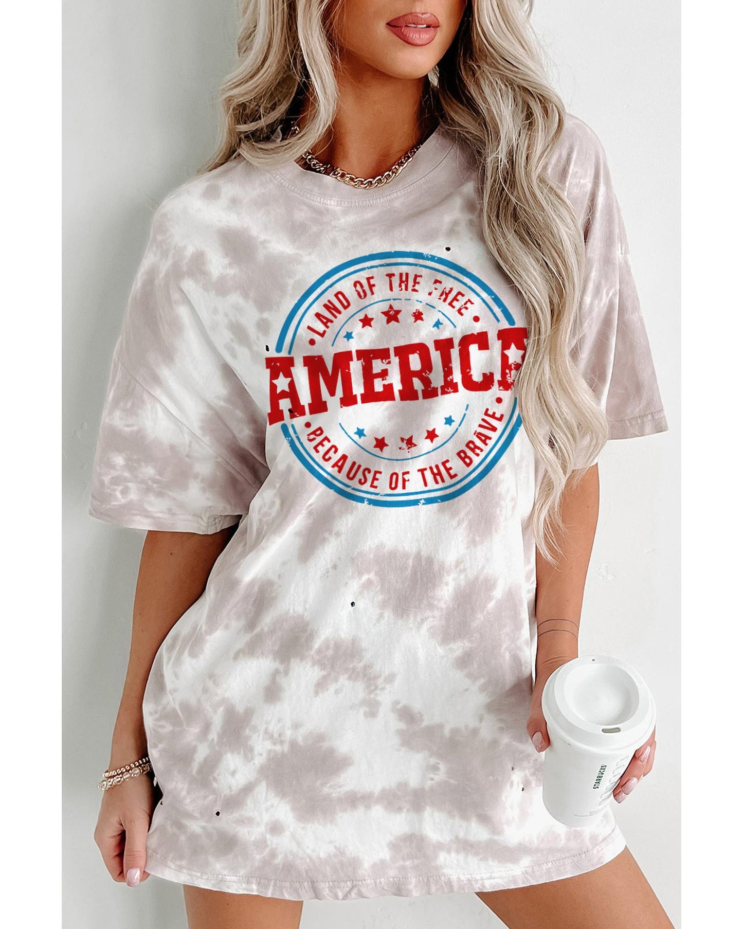 White Oversized Tie-dye AMERICA Graphic T-shirt with Distressing - S