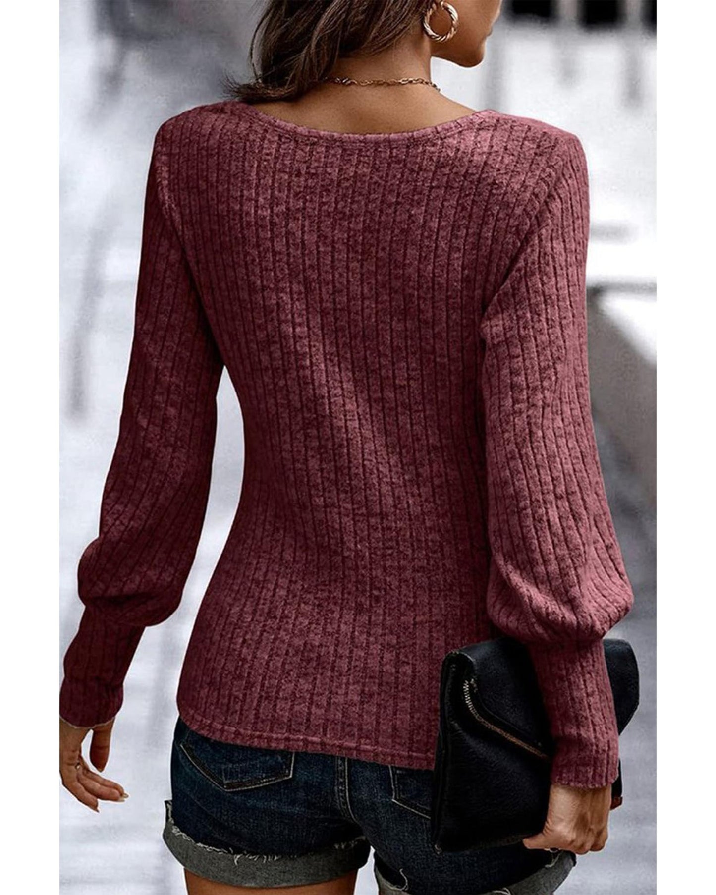 Mineral Red Ribbed Bishop Sleeve Round Neck Top - S