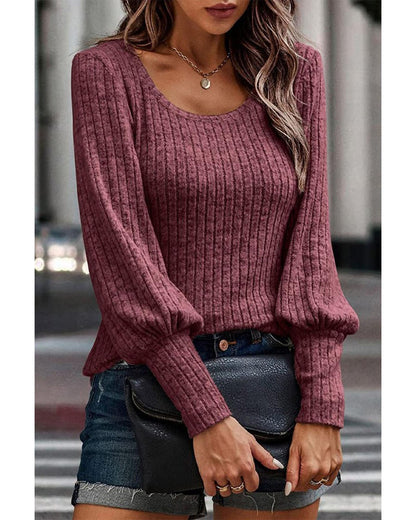 Mineral Red Ribbed Bishop Sleeve Round Neck Top - S