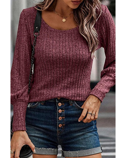 Mineral Red Ribbed Bishop Sleeve Round Neck Top - S