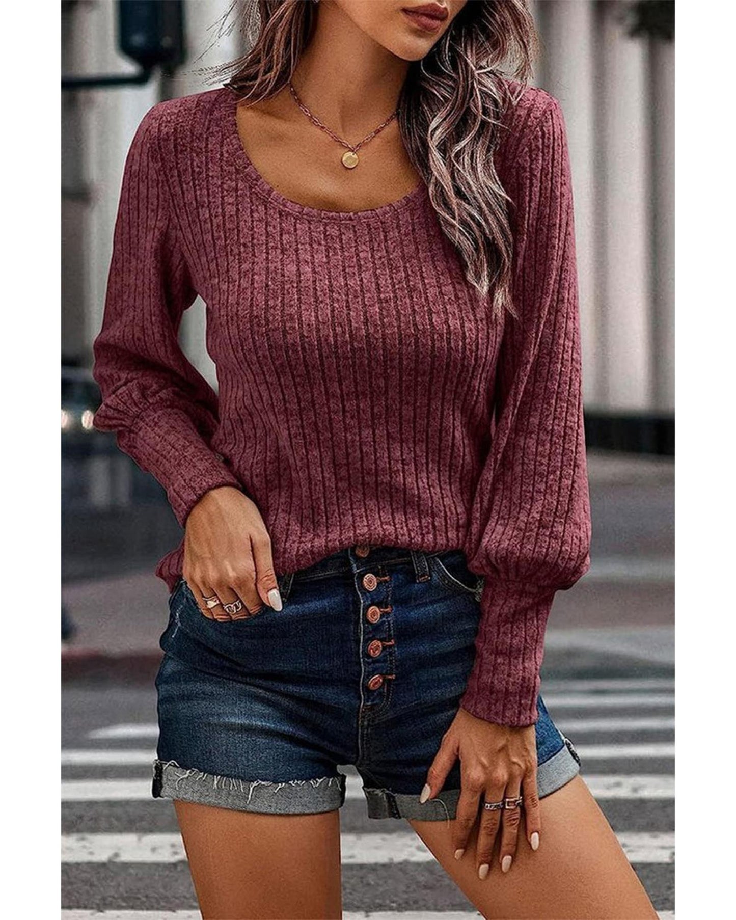 Mineral Red Ribbed Bishop Sleeve Round Neck Top - S