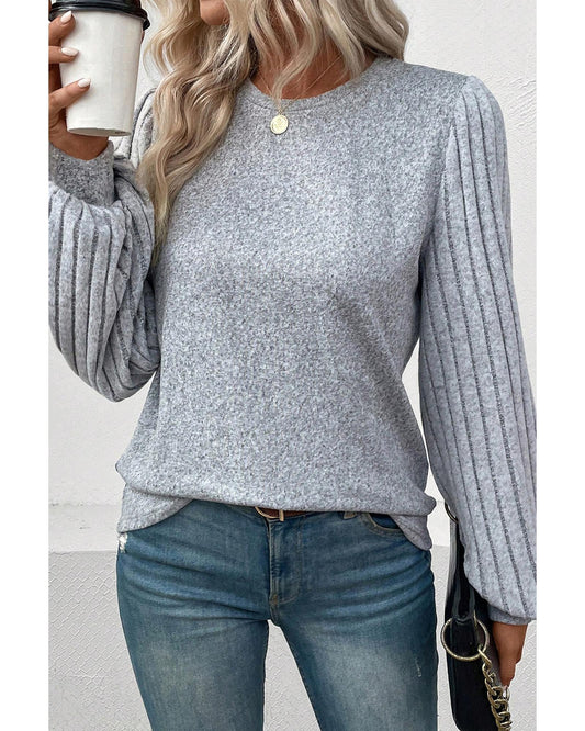 Gray Contrast Ribbed Bishop Sleeve Top - L
