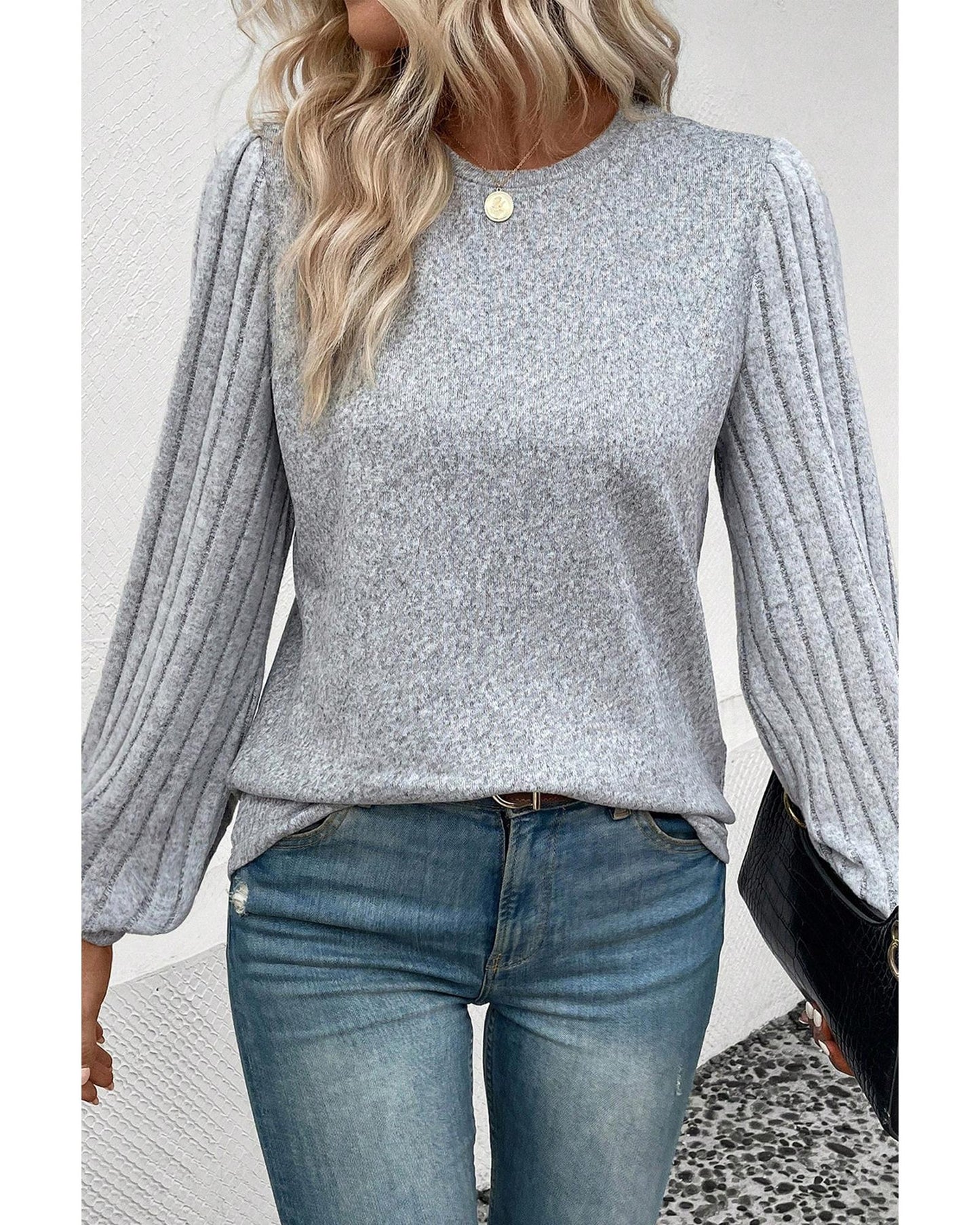 Gray Contrast Ribbed Bishop Sleeve Top - L