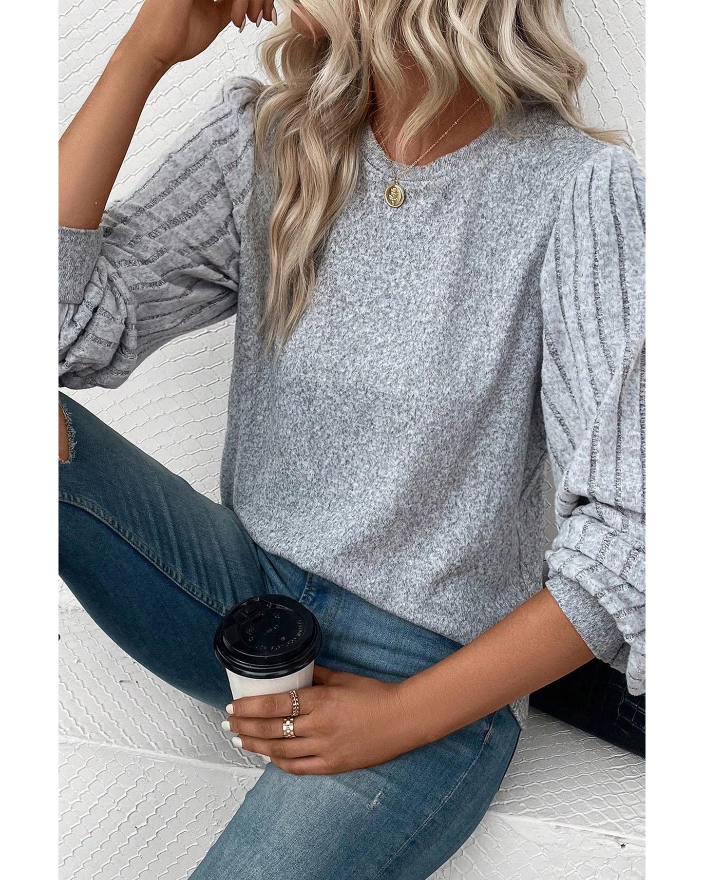 Gray Contrast Ribbed Bishop Sleeve Top - L