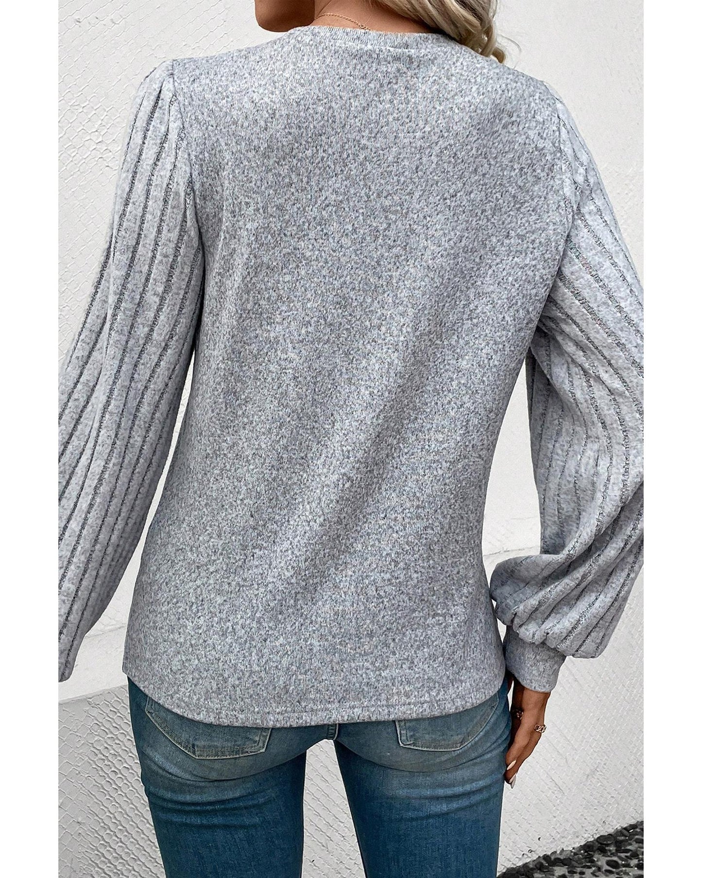 Gray Contrast Ribbed Bishop Sleeve Top - L