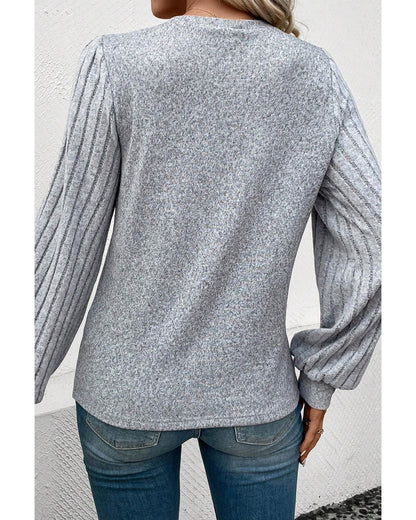 Gray Contrast Ribbed Bishop Sleeve Top - L