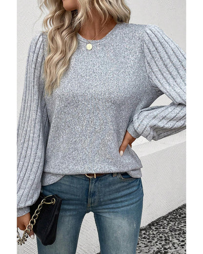 Gray Contrast Ribbed Bishop Sleeve Top - L