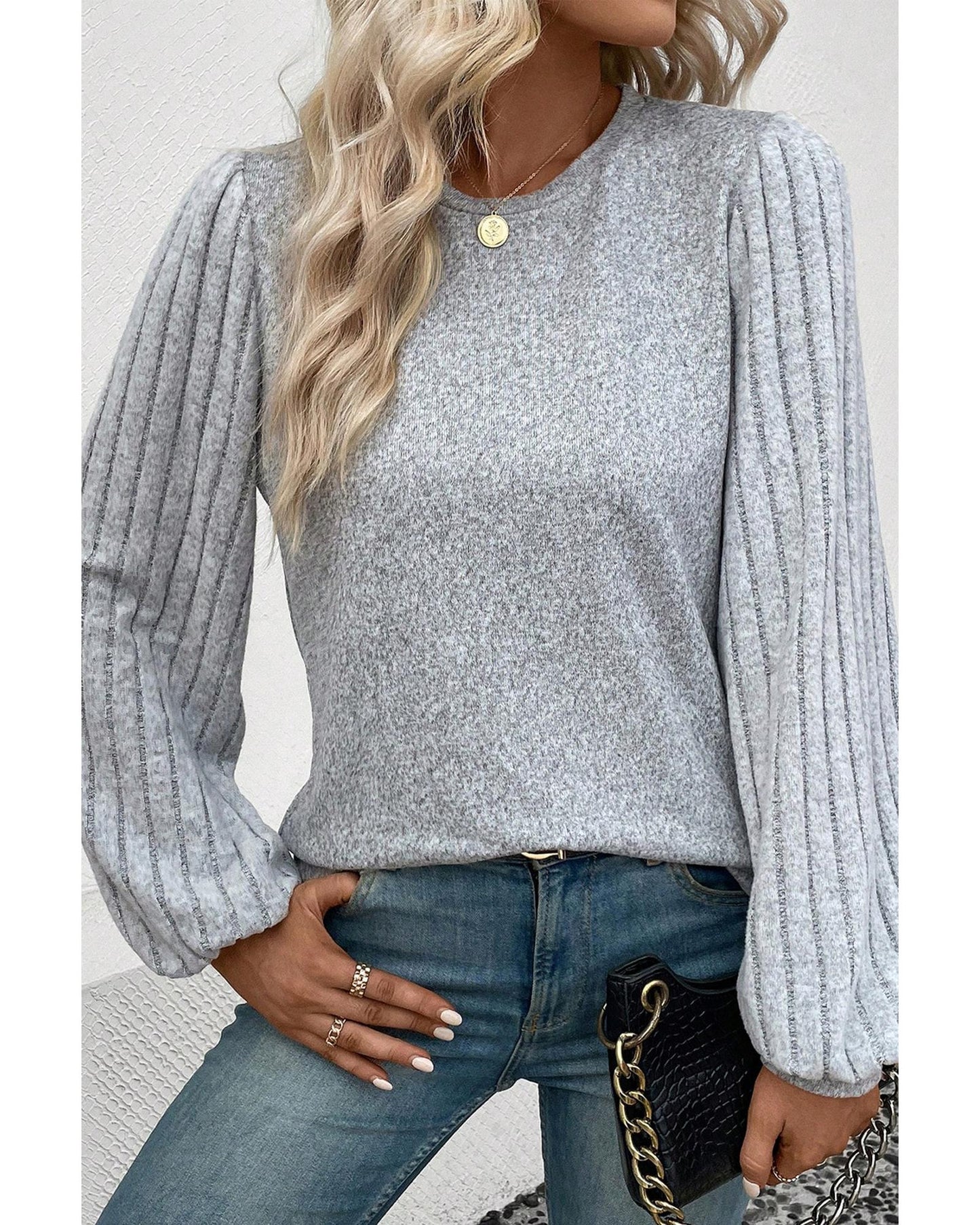 Gray Contrast Ribbed Bishop Sleeve Top - L