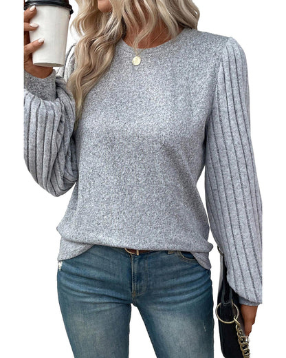 Gray Contrast Ribbed Bishop Sleeve Top - L